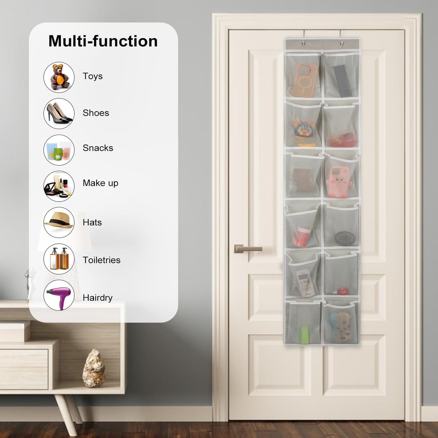 Over the Door 12 Pocket Hanging Shoe Organizer, Gray