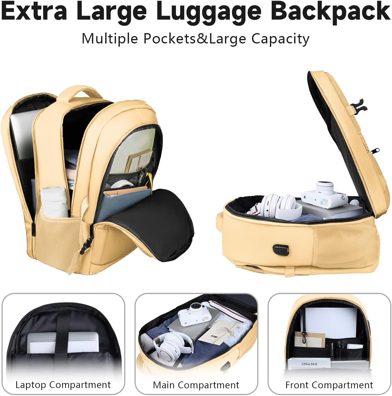 Lapsouno Extra Large Backpack, Laptop Backpack, Carry on Backpack, Sturdy 17 Inch TSA Friendly with USB Port, College School Bag Gifts for Men Women, Light Yellow