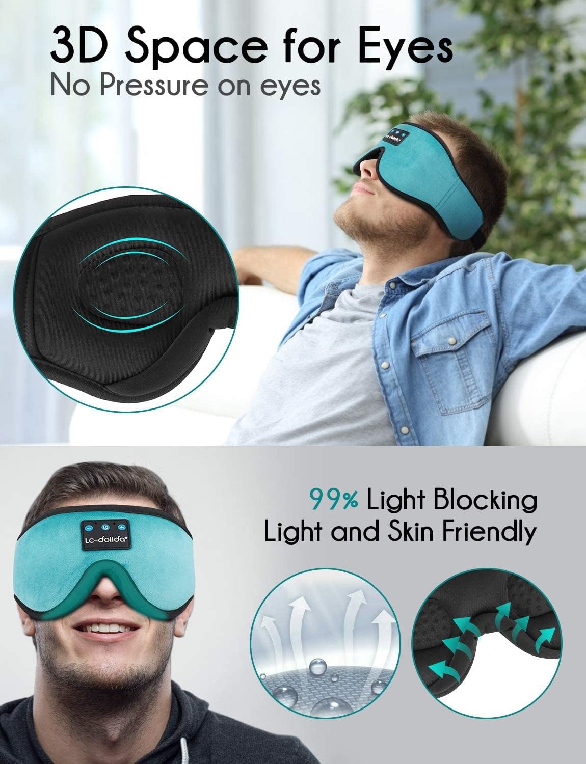 LC-dolida Sleep Headphones, Sleep Mask Bluetooth Wireless Music Eye Mask, Sleeping Headphones for Side Sleepers Sleep Mask with Bluetooth Headphones Ultra-Thin Stereo Speakers Perfect for Sleeping