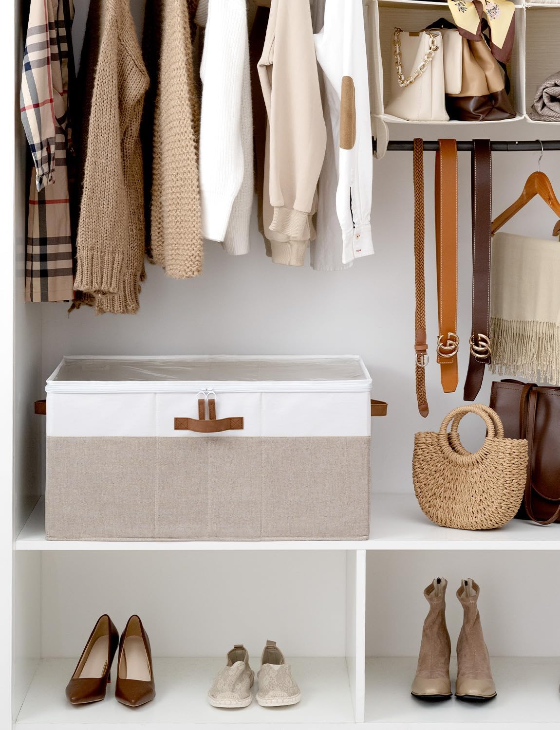 StorageWorks Shoe Organizer for Closet, Fits up to 24 Pairs, Shoe Cubby Storage Containers with Adjustable Dividers and Clear Cover, Brown & White