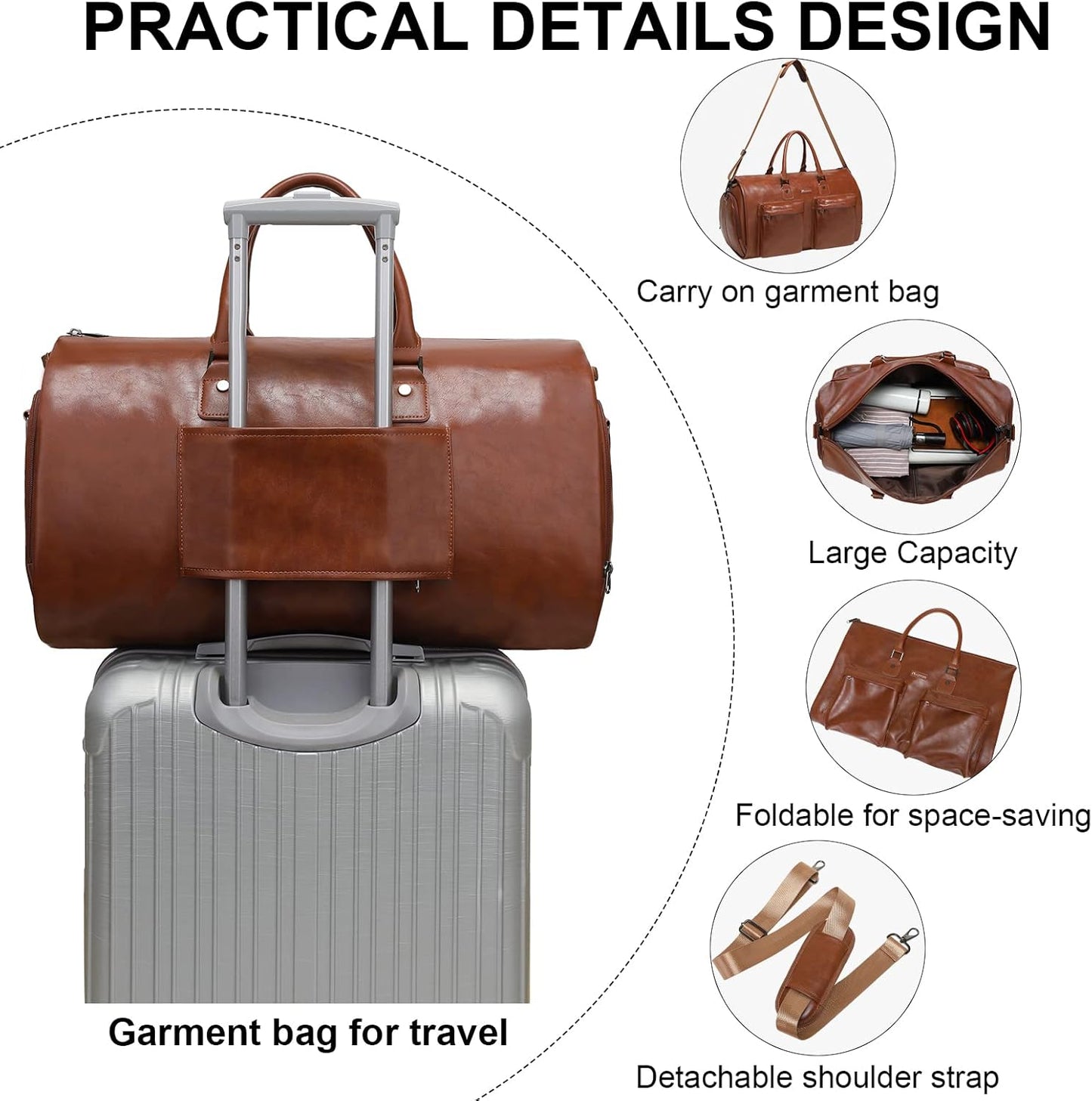 Leather Garment Bag for Travel, Modoker Carry On Suit Carrier Travel Bag with Shoulder Strap/Multiple Pockets - Ideal for Business Trips & Weekend Getaways - The Garment Duffel Bag for Traveling Men