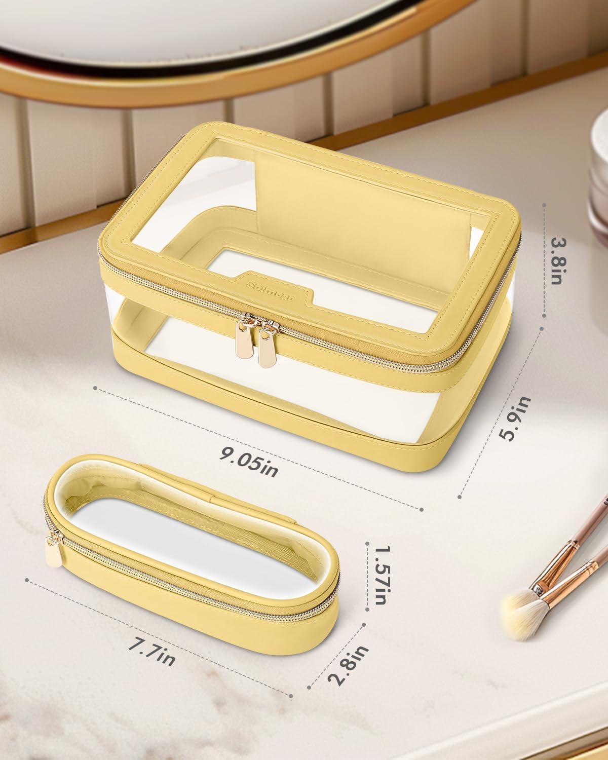 Travel Clear Makeup Bag with Makeup Brush Bag, Leather Makeup Case Toiletry Bag, Portable Cosmetic Bag Case, Transparent Waterproof Cosmetic Organizer Storage Bag for Women, Yellow