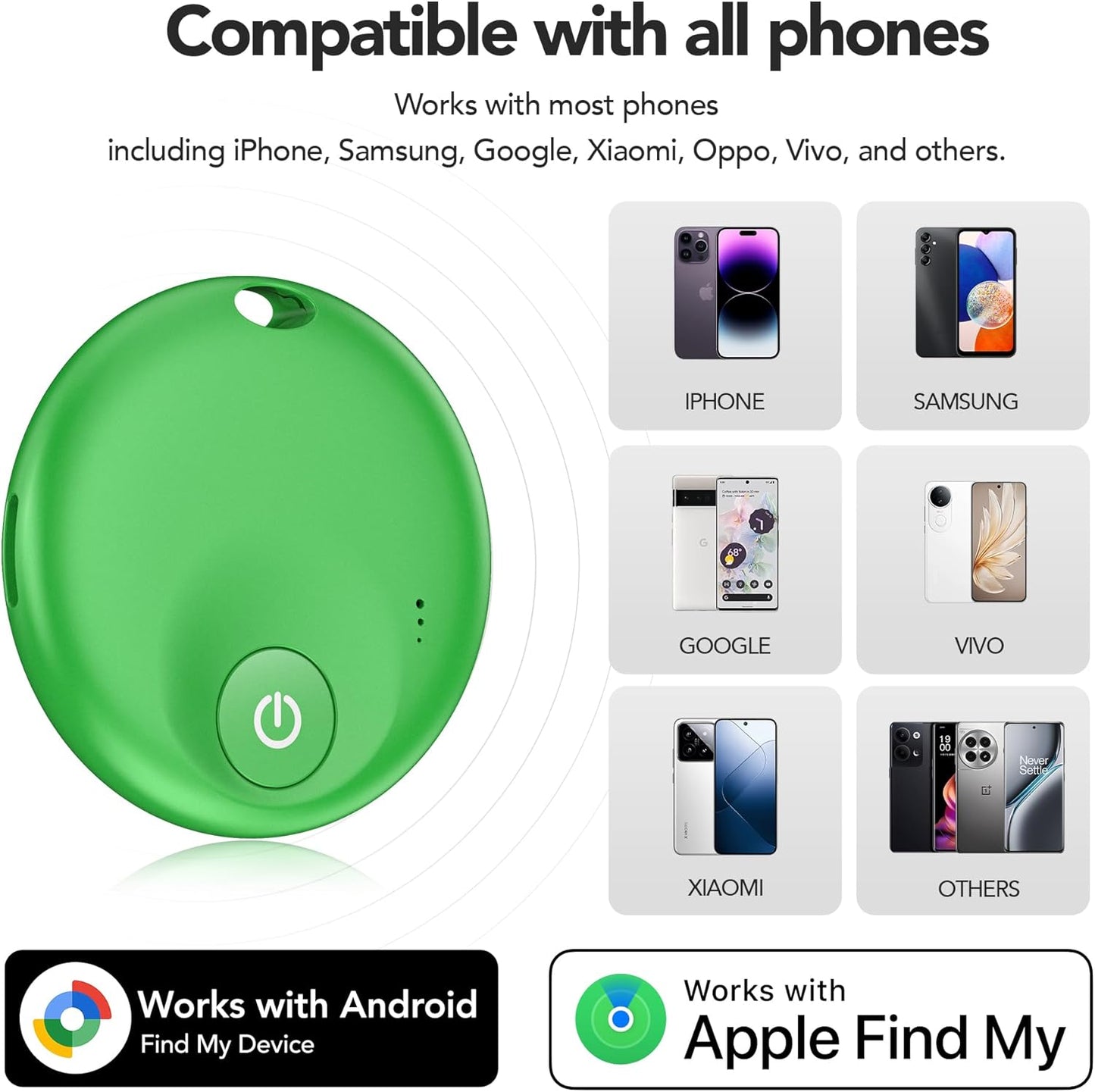 FindTag Duo - Dual System Tracker for iOS or Android, Bluetooth Tracking Tag/Key Finder/Luggage Tracker/Item Locator, Compatible with iOS Find My or Google Find Hub App (Green)