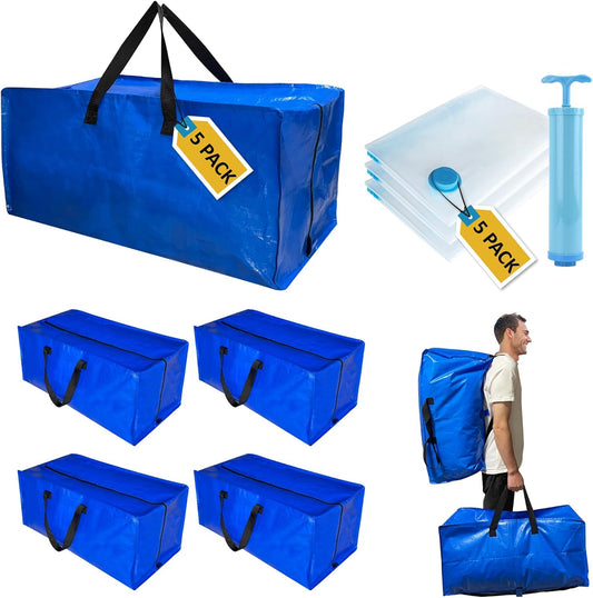 10 Pack Heavy Duty Extra Large Moving Bags with Backpack Straps & Vacuum Storage Supply Combo, Totes Handles Zippers for Space Saving, Fold Flat, Includes Bags, Blue, (HEV10)