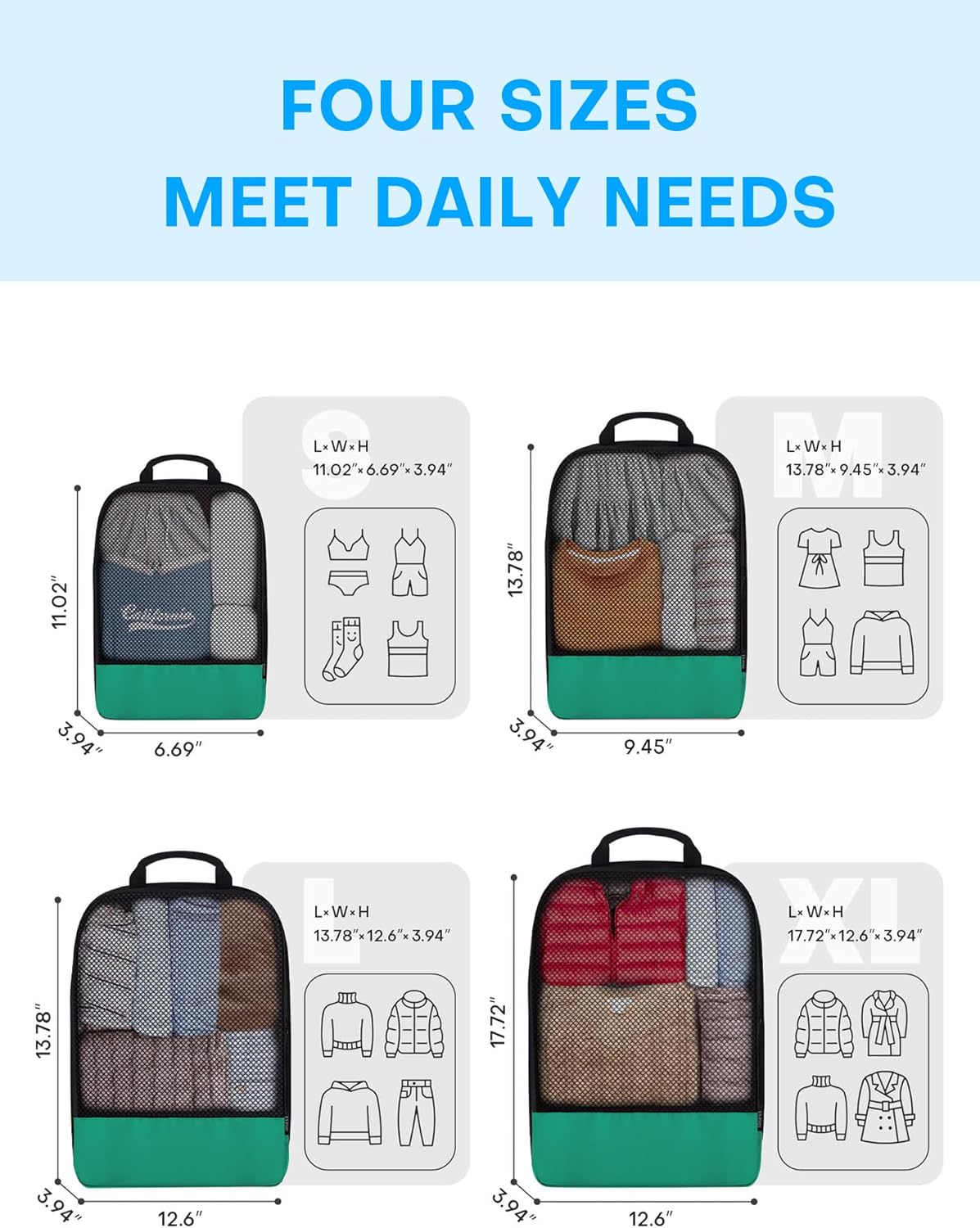 4 PCS Set Compression Packing Cubes for Travel, Lightweight Packaging Organizer Bags for Carry On Space Saving, Travel Essentials Cubes for Suitcase Backpack, Green