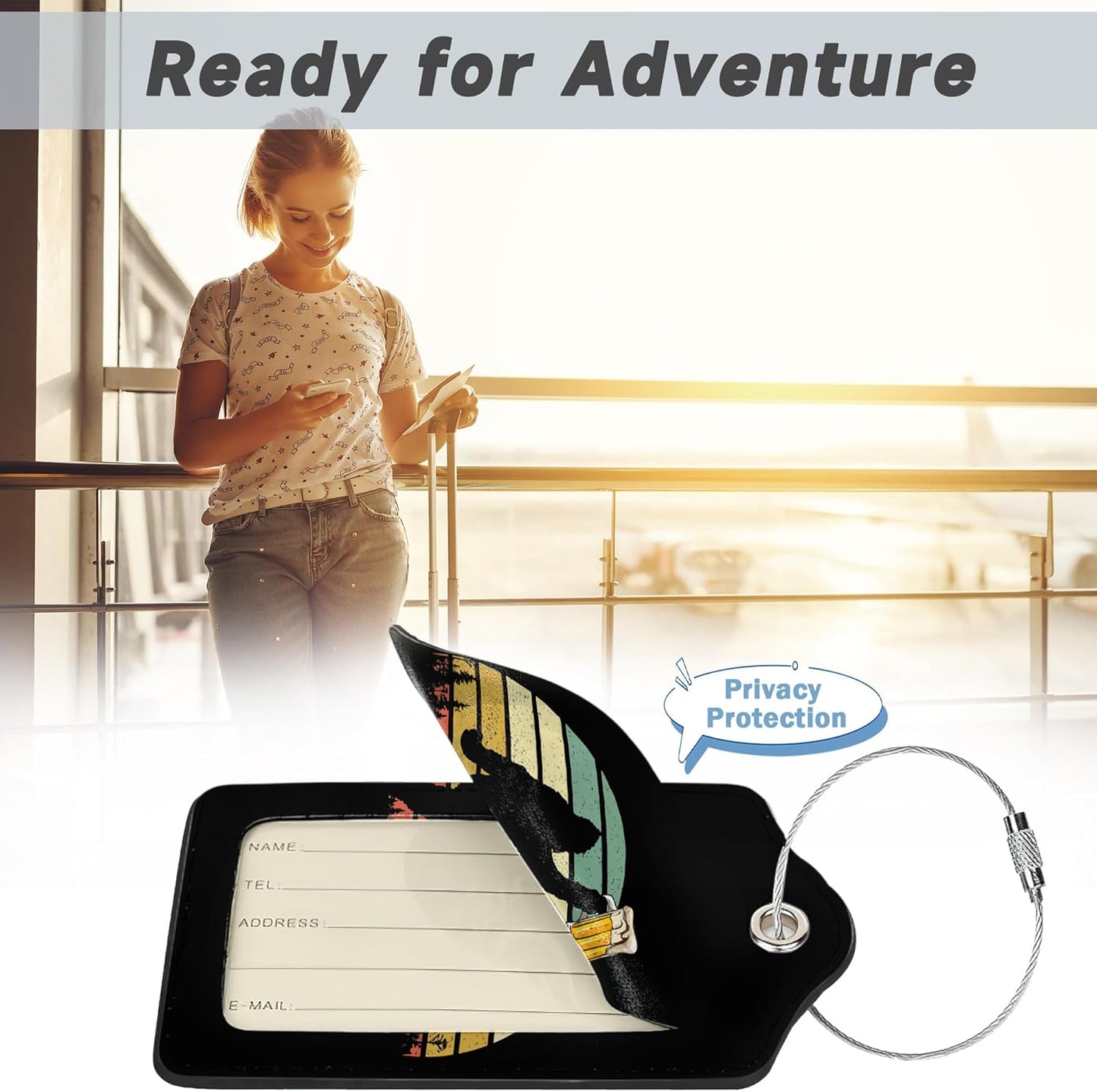 2 Pack Leather Luggage Tag for Suitcase Bigfoot Love Drinking Beer Unique Travel Tags with Privacy Cover ID Label & Stainless Steel Loop for Men and Women Baggage