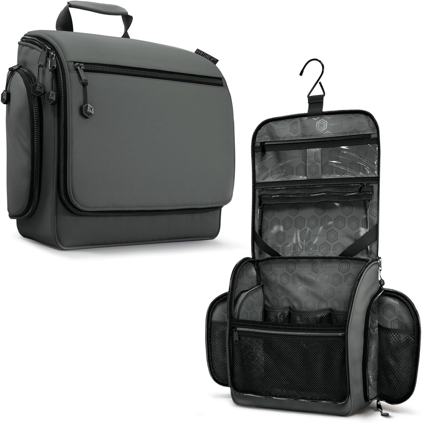 VENTURE 4TH Hanging Travel Toiletry Bag for Women & Men - Travel Organizer with Expandable Compartments & Removable Clear Pouch for Toiletries (Shadow Gray)
