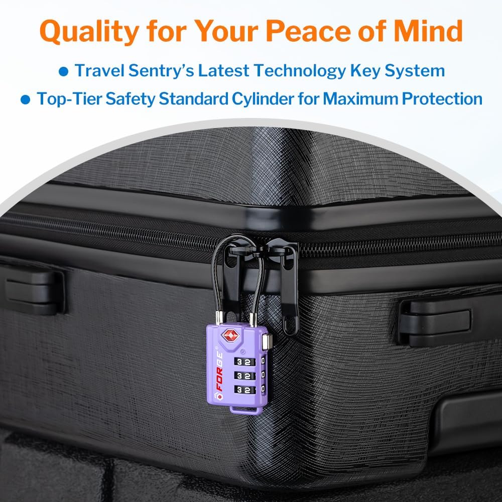 Forge TSA Approved Luggage Locks, Re-settable Combination with Alloy Body, Light Purple 2 PK, for Luggage, Suitcase, Backpack and More.