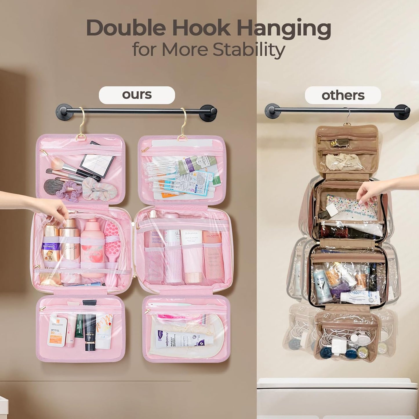 Hanging Travel Toiletry Bag for Women Detachable Toiletry Bag with 6 Compartments Large Makeup Bag Cosmetic Organizer for Bathroom Shower Business Trips Camping, Pink