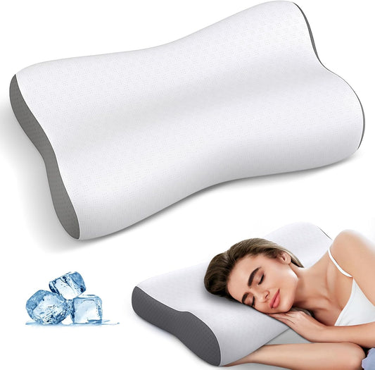 Cervical Neck Pillow for Pain Relief, Contour Memory Foam Pillows for Sleeping, Ergonomic Pillow Orthopedic Cooling Pillow Bed Pillow Neck Support for Side Back Stomach Sleepers(White & Grey)