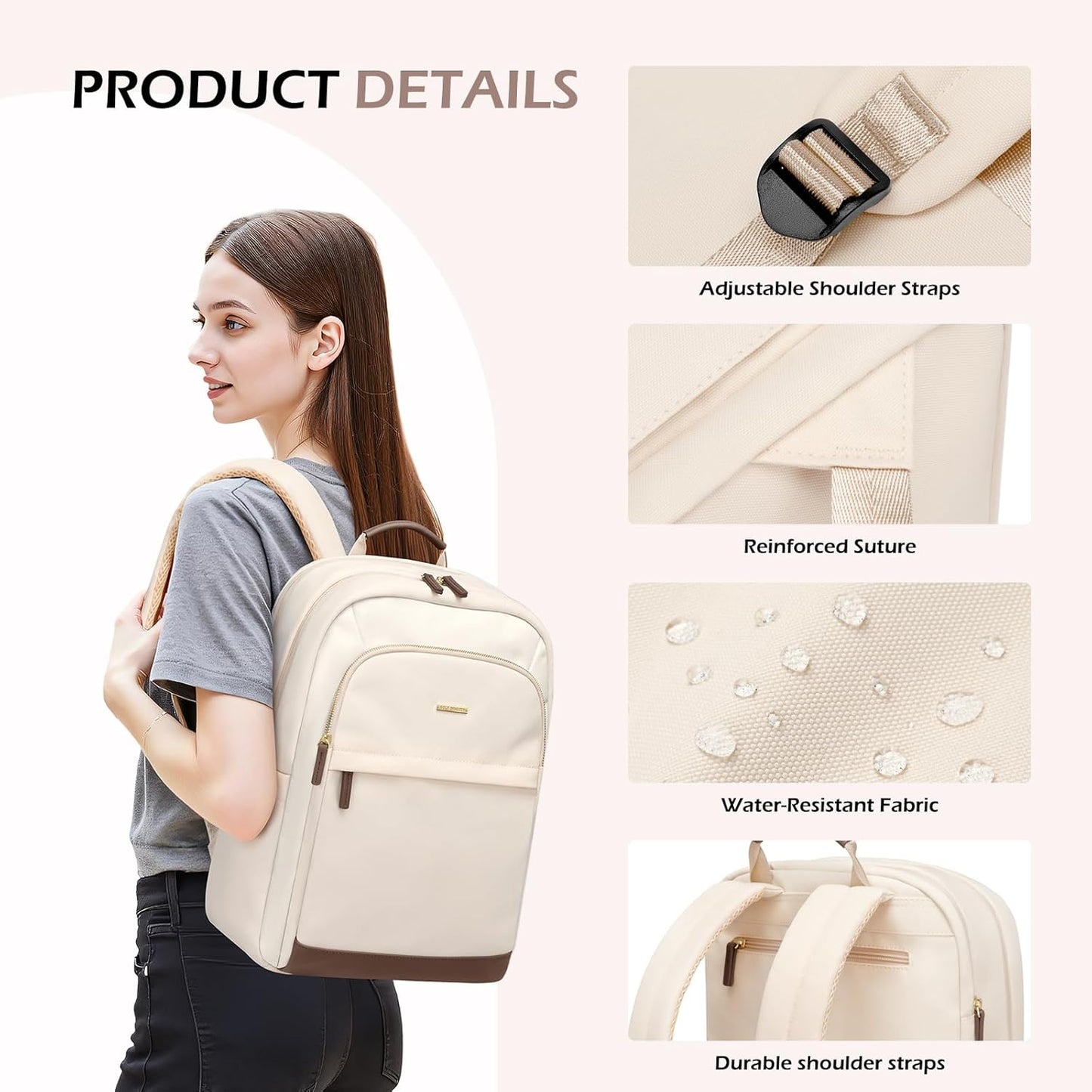 Laptop Backpack for Women Travel Carry On Bag Weekender Business Multilayer Personal Item Backpack,16 Inch,WApricot
