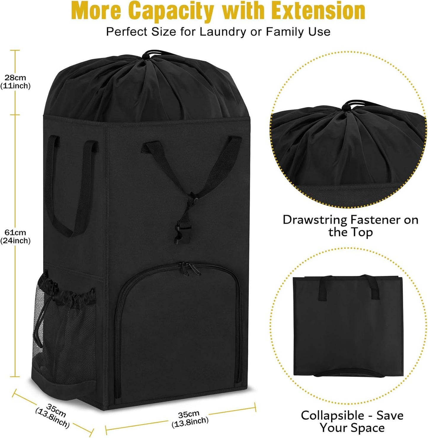 Laundry Bag Backpack Extra Large, 110L Laundry Backpack Heavy Duty with Shoulder Straps, Collapsible and Mesh Pocket Dorm Laundry Basket Hamper Bag for College, Travel, Laundromat, Apartment Black