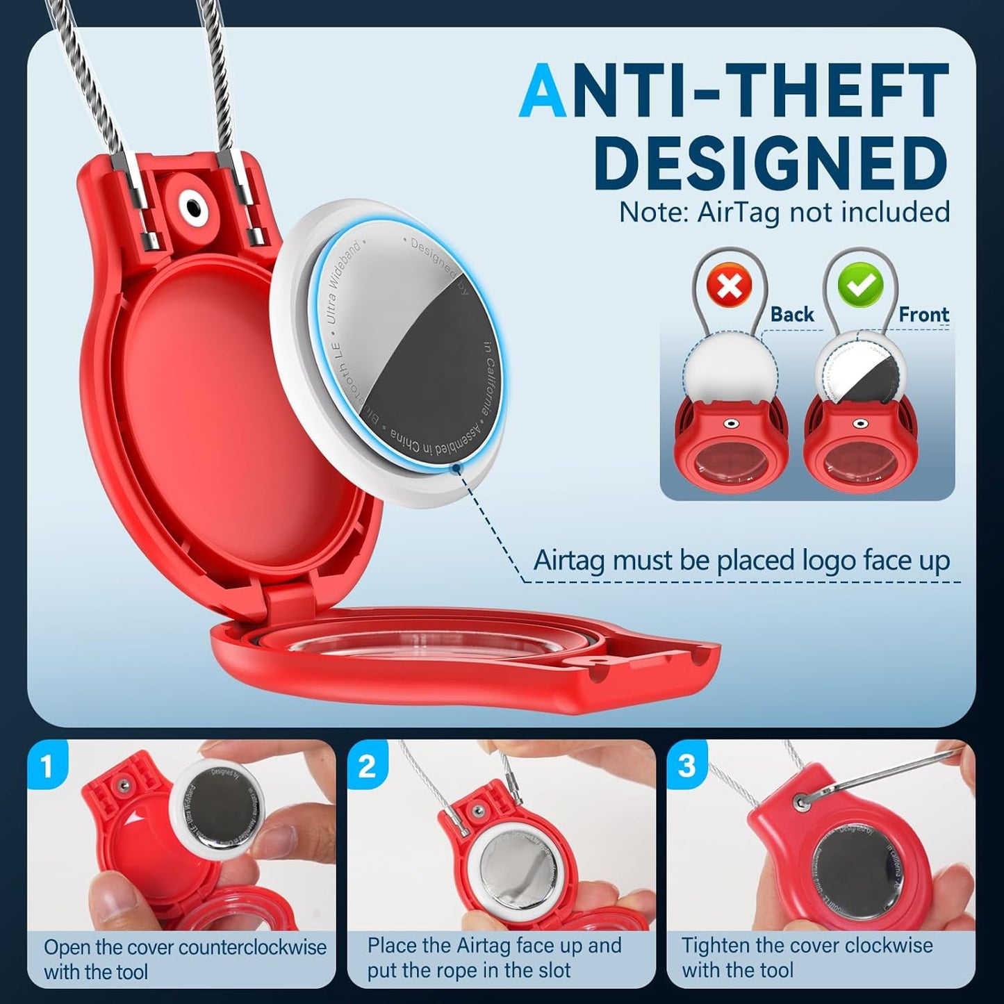 Waterproof Airtag Holder,Airtag Case with Secure Lock,Airtags Keychain for Apple Airtag,Anti-Lost Protective Cover Air tag Accessories for GPS Item Finder Tracker Luggage,Bag,Key,Pet,Cat Dog,-Red