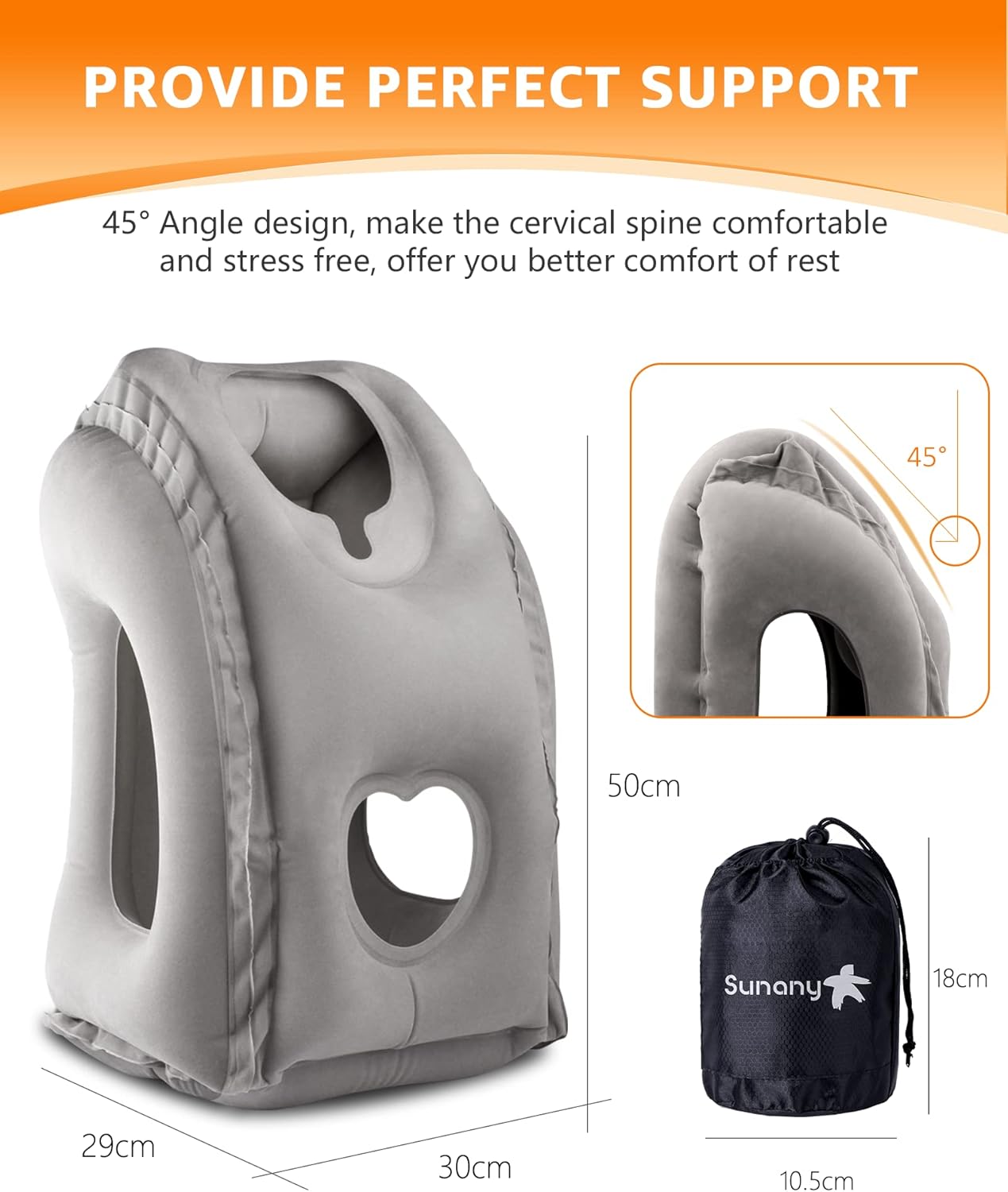 Sunany Travel Pillow, Inflatable Neck Pillow Used for Airplanes/Cars/Buses/Trains/Office Napping with Eye Mask/Earplugs (Gray)