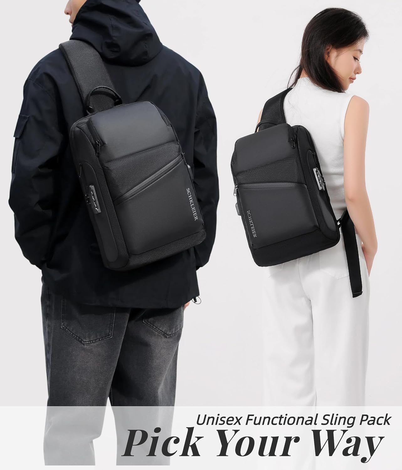 BASICPOWER Sling Bag for Men Women, Shoulder Crossbody Backpack with USB Port, Anti-theft Chest Bag for Business Travel Daily