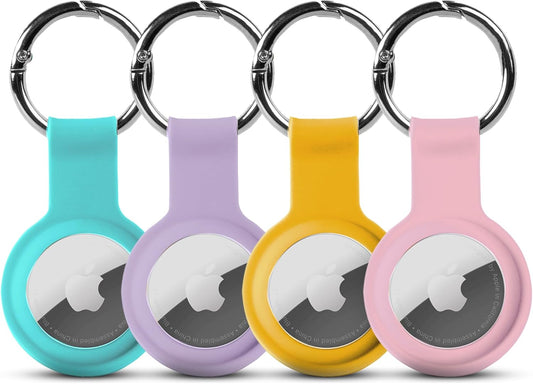 Apple AirTag Holders 4 Pack, Dustproof & Washable Cases, Silicon Covers with Accessories for Wallets, Luggage, Pet Collars, Key Finders (Teal - Purple - Yellow - Pink)