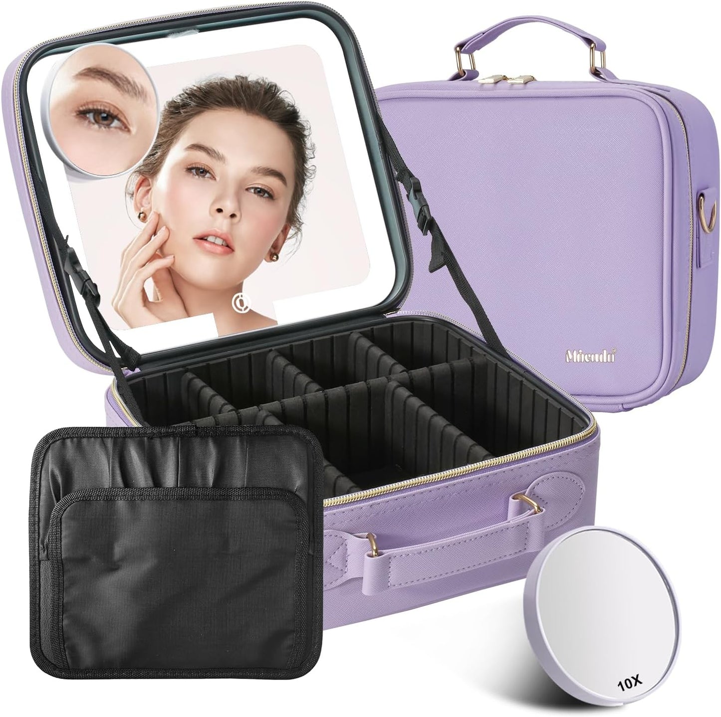 Mocado Travel Makeup Bag with LED Lighted Mirror,Travel Makeup Organizer,Makeup Case with 3 Color Lighted Setting and 10x Magnifying Mirror,Portable Storage and Adjustable Dividers Makeup Box(Purple)
