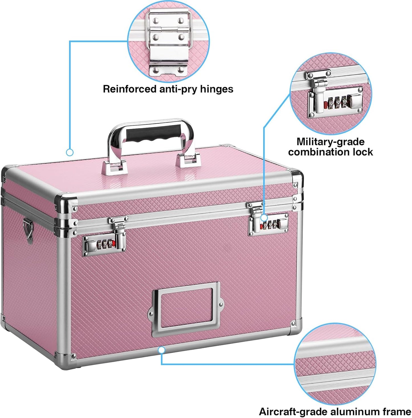 15 x 8.7 x 10 Inch Lockable Storage Box with Combination Lock, Portable Safe for Documents, Medicine, Cash & Valuables, Medicine Lock Box with Label Slot for Home, Office & Travel - Pink
