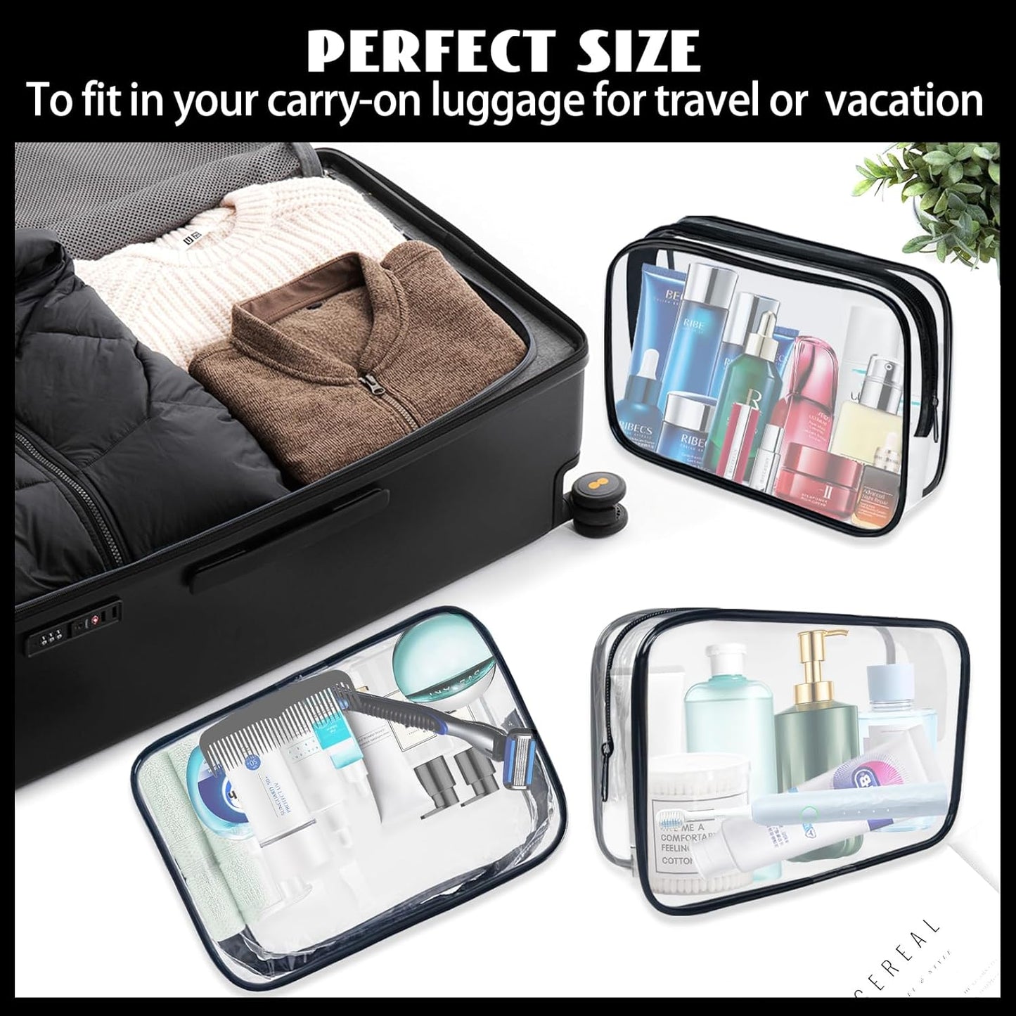 16 Pack Waterproof Cosmetic Bag TSA Approved Toiletry Bag, Portable Travel Pouch with Zipper, Vinyl Plastic Organizer Storage for Men and Women (Black-L)