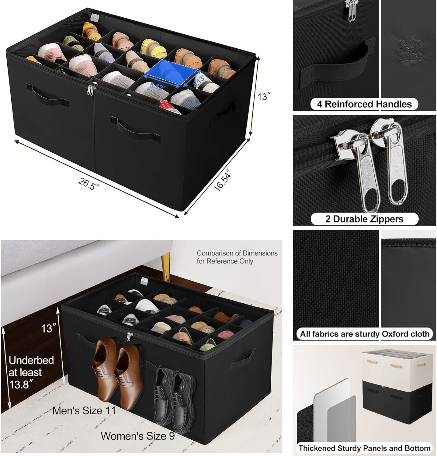 Shoe Organizer for Closet, Foldable Shoe Box with Adjustable Dividers and Clear Cover, Space Saving Shoe Storage Organizer Cabinet with Reinforced Handles, Fits 20 Pairs, Black, TP10B