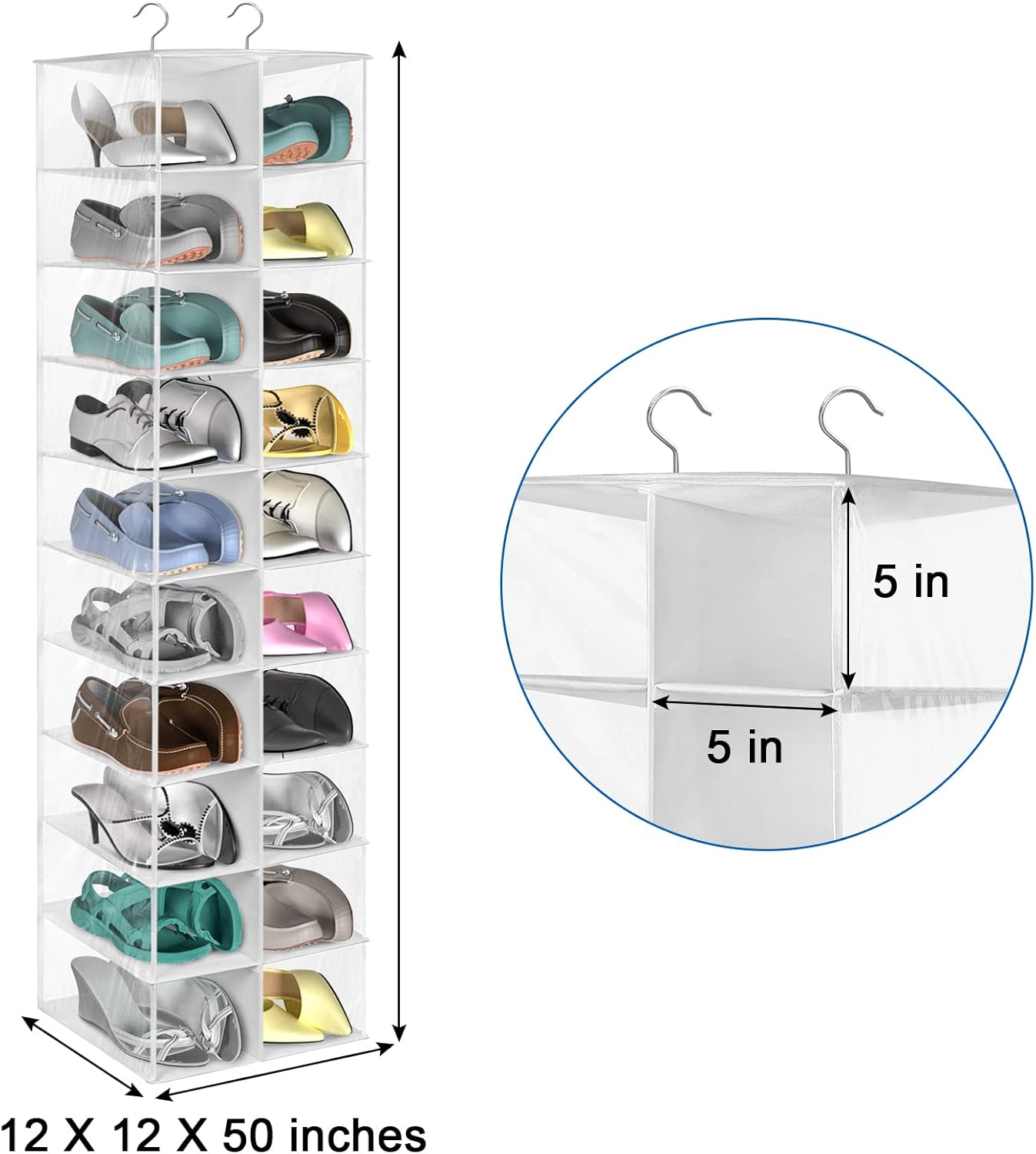 coastal rose Hanging Shoe Organizer for Closet, 20 Sections Hanging Closet Organizers and Storage Shelves, Space Saving Shoe Storage Rack Holder, Transparent White, 12''W×12''Dx 50''H