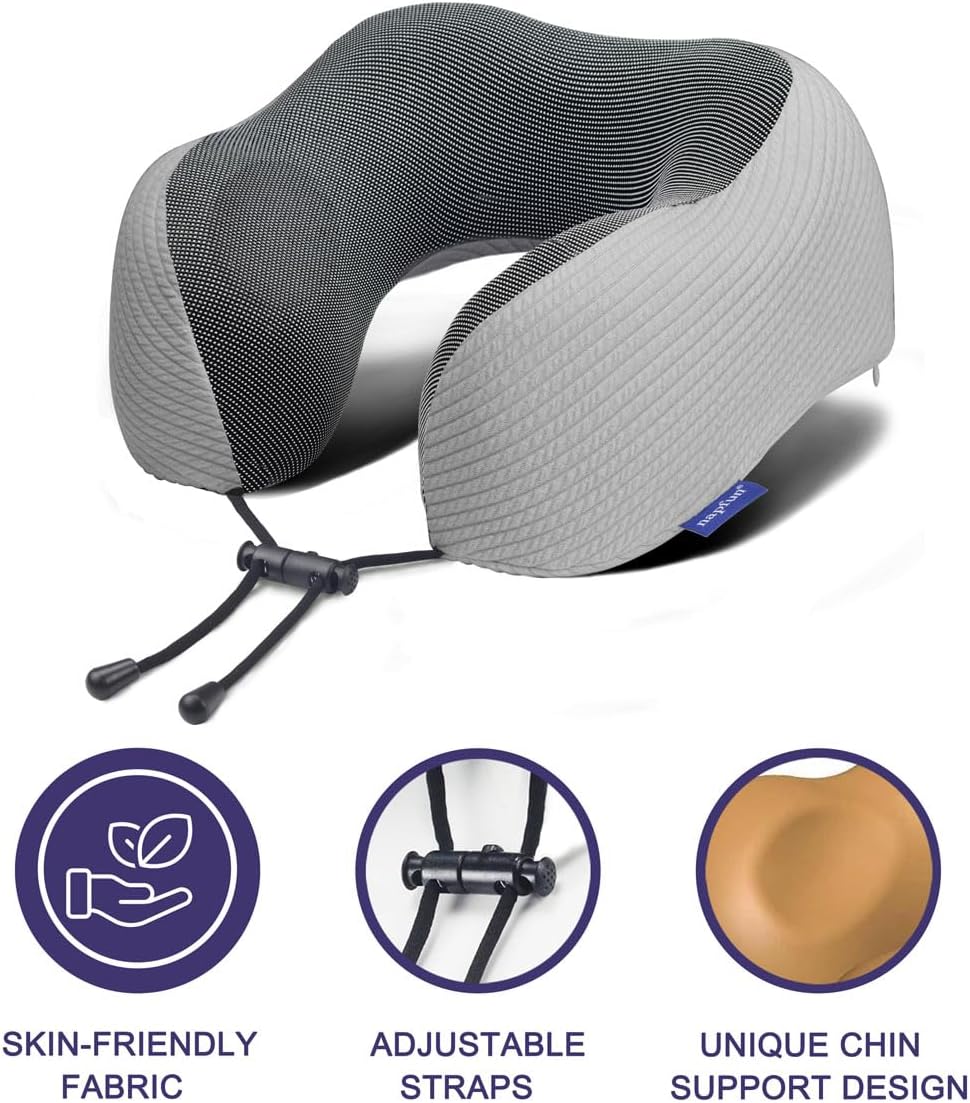 napfun Neck Pillow for Traveling, Upgraded Travel Neck Pillow for Airplane 100% Pure Memory Foam Travel Pillow for Flight Headrest Sleep, Portable Plane Accessories, Striped Light Grey Set