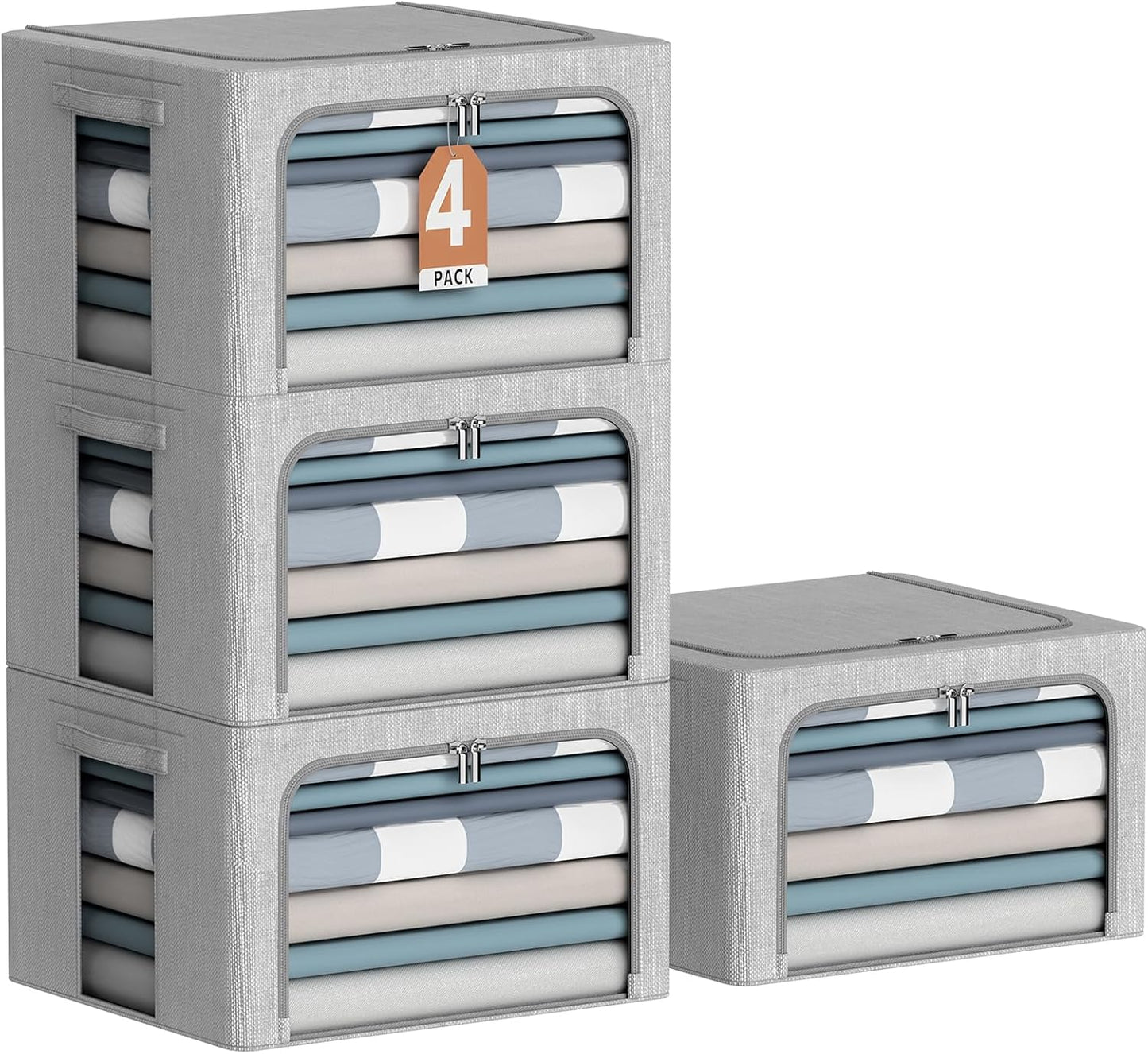 4 Pack Clothes Storage Bins with Metal Frame - Linen Fabric Foldable Stackable Container Organizer Set with Clear Window & Carry Handles & Zippers (Light Grey, 15.7"x11.8"x7.8")