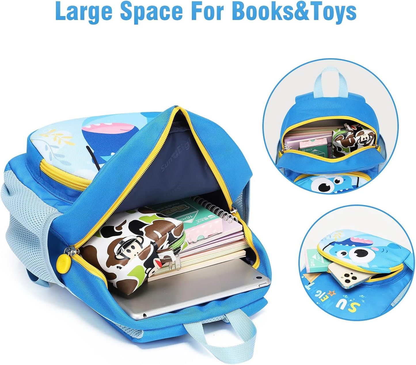 SUN EIGHT Toddler Backpack for Boys 2-4 Small Cute Dinosaur Backpack with Kids Leash,3D Cartoon Preschool Kindergarten Bookbag for Pre-k (Shark)