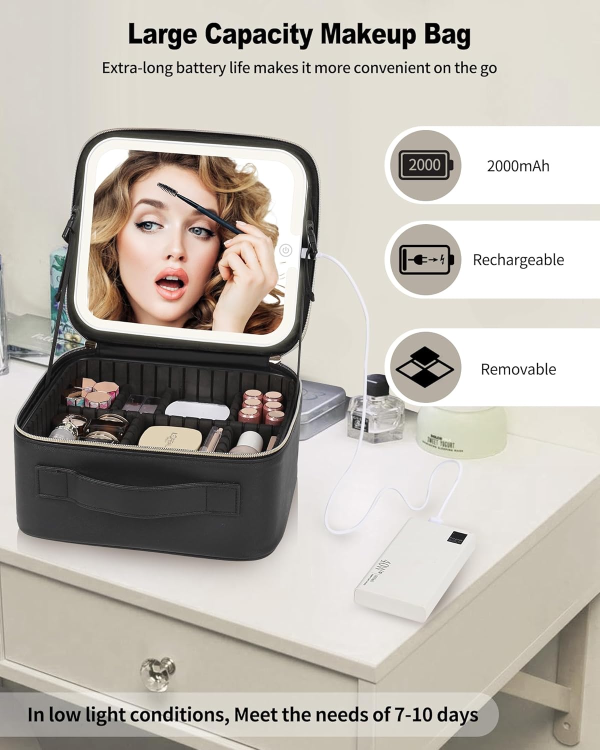 Makeup Bag With LED Mirror, Travel Makeup Case with Light up Mirror Large Cosmetic Case with 3 Color Lighted Portable Organizer Bag with Adjustable Dividers（Black）