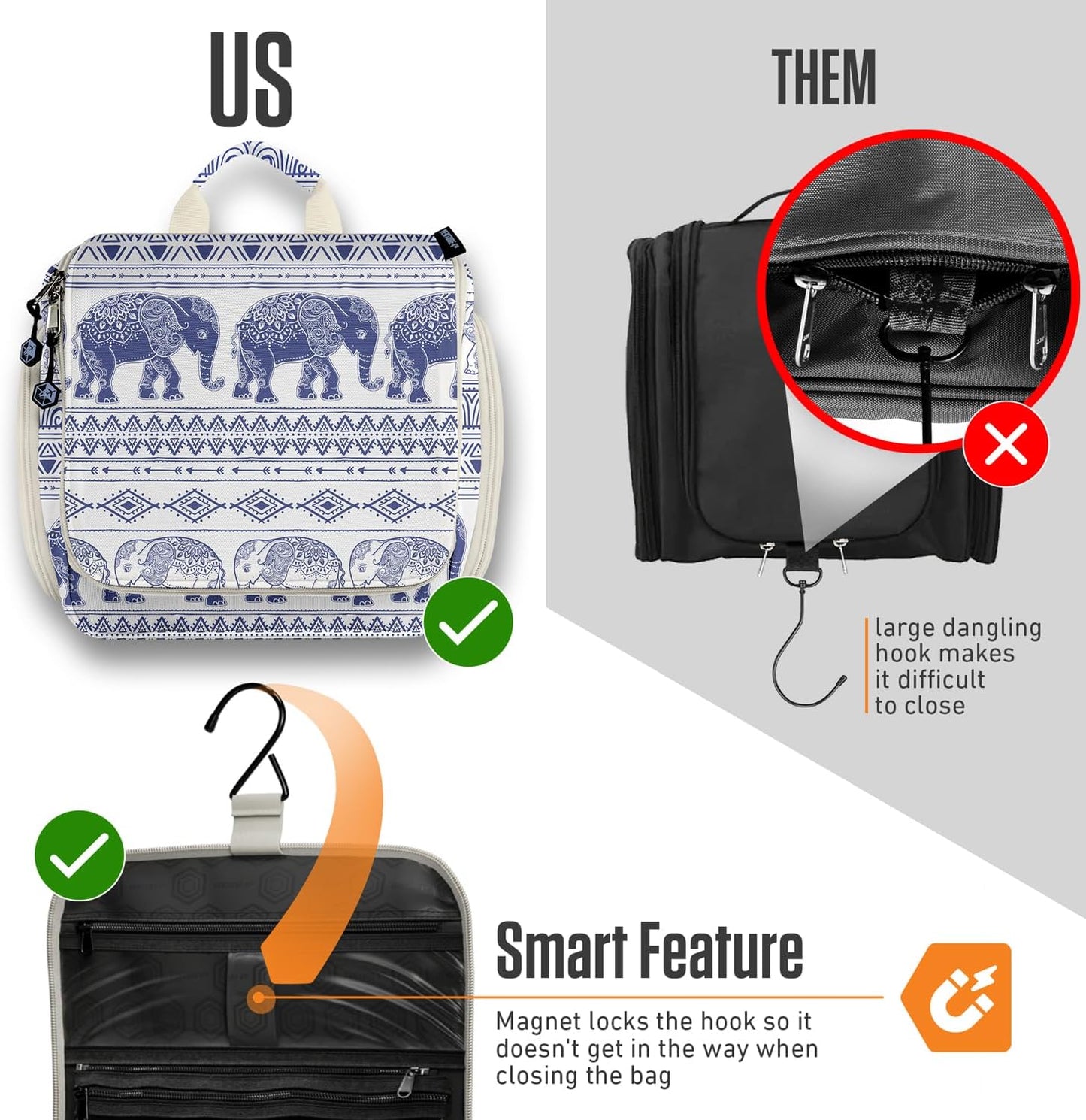 VENTURE 4TH Hanging Travel Toiletry Bag for Women & Men - Travel Organizer with Expandable Compartments & Removable Clear Pouch for Toiletries (Blue Elephant)