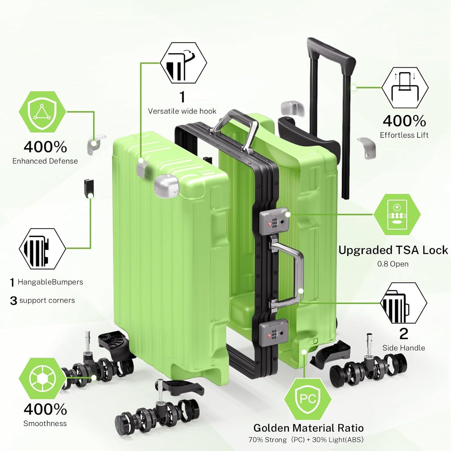 Krute Carry On Luggage 20 inch Aluminum Frame Suitcase with Spinner Wheels No Zipper Hardshell PC+ABS Luggages TSA Lock Zipperless Suitcases