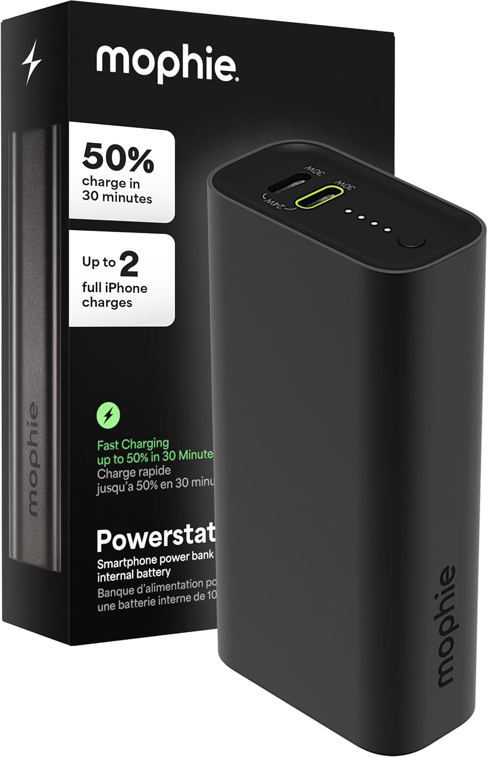 Mophie Powerstation 10,000mAh Power Bank (Gen 3) – Ultra-Fast USB-C PD, 30W Output, Charges 2 Devices, Up to 2 Phone Charges, LED Indicator, Compact & Portable, Premium Anodized Aluminum Body, Black
