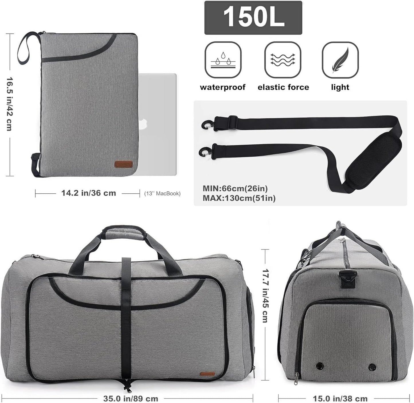 150L Duffle Bag for Travel, Extra Large Foldable Waterproof Travel Duffel Bags Weekender Overnight Bag for Men and Women with Shoe Compartment (Gray)