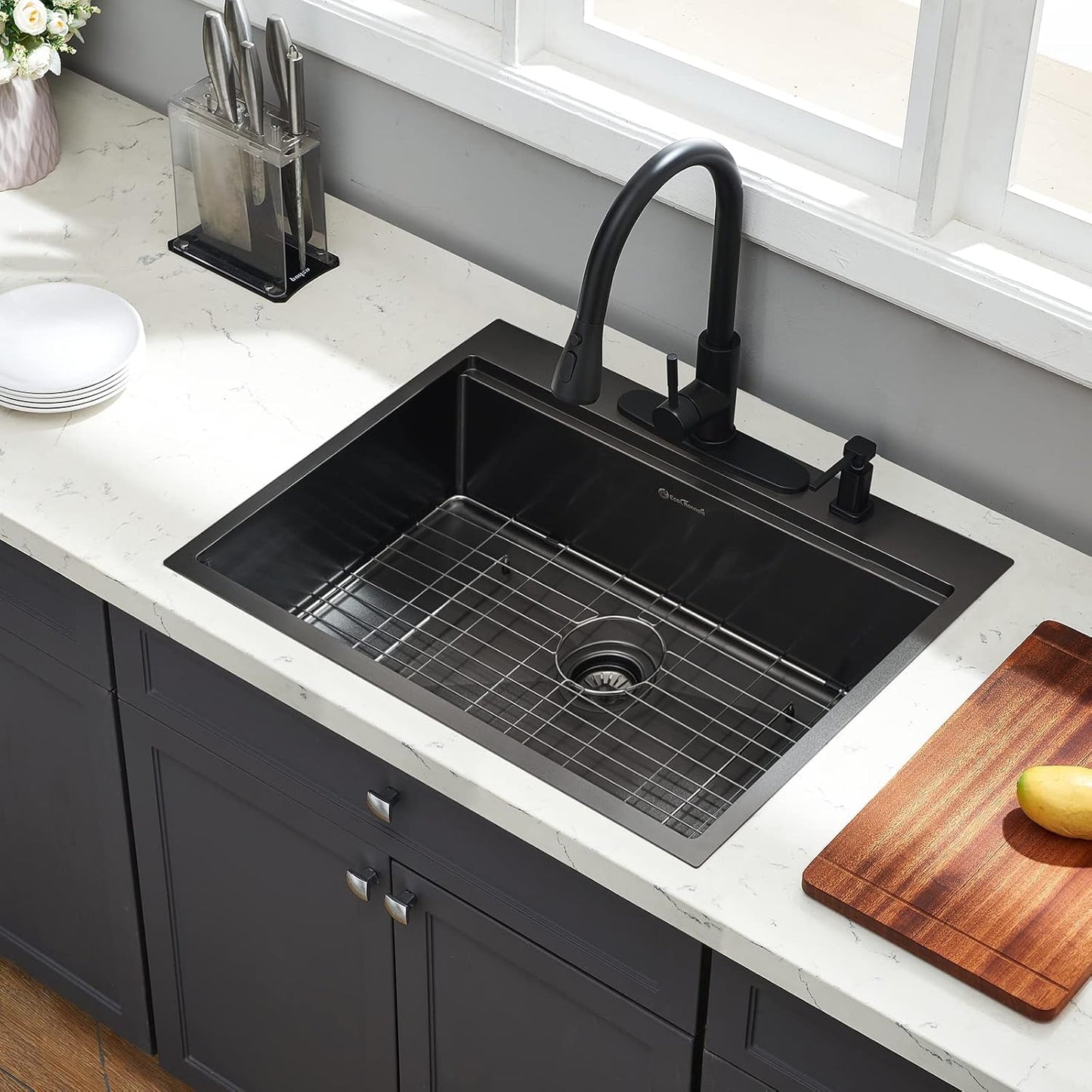 25 Kitchen Sink Drop-In Workstation, 25 x 22 Inch Gunmetal Black Stainless Steel Workstation Sink Topmount Single Bowl with Cutting Board,for Kitchen, Laundry, Utility Room