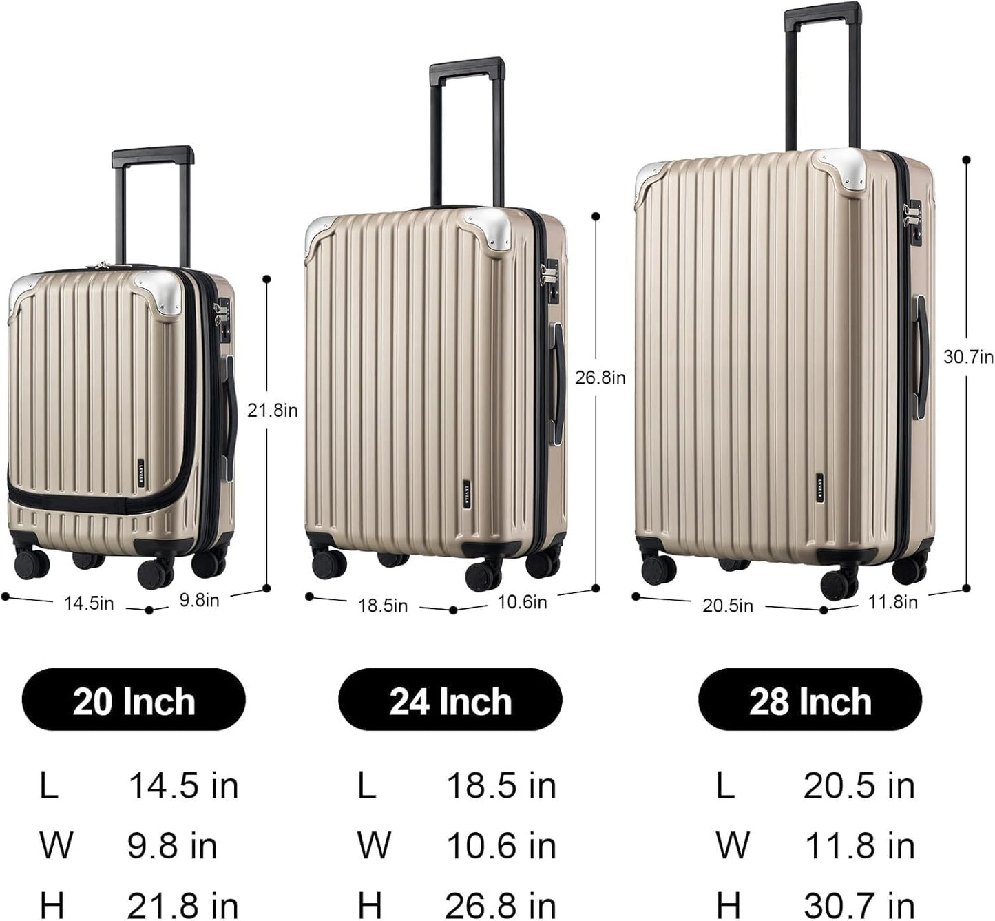 LEVEL8 Grace Luggage Sets Hardshell Suitcase with Wheels, Sturdy Large Suitcase Tsa Lock 20 Inch Expandable Carry on 24 Inch 28 Inch Checked Luggage, 3-Piece Set (20/24/28), Champagne