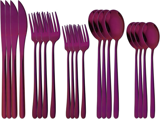 20 Pieces Silverware Set 304 Stainless Steel, Healthy & Eco-Friendly Silver Travel Mirror Polished Purple Knife Fork Spoon Salad Fork Dessert Spoon Flatware Set, Service for 4