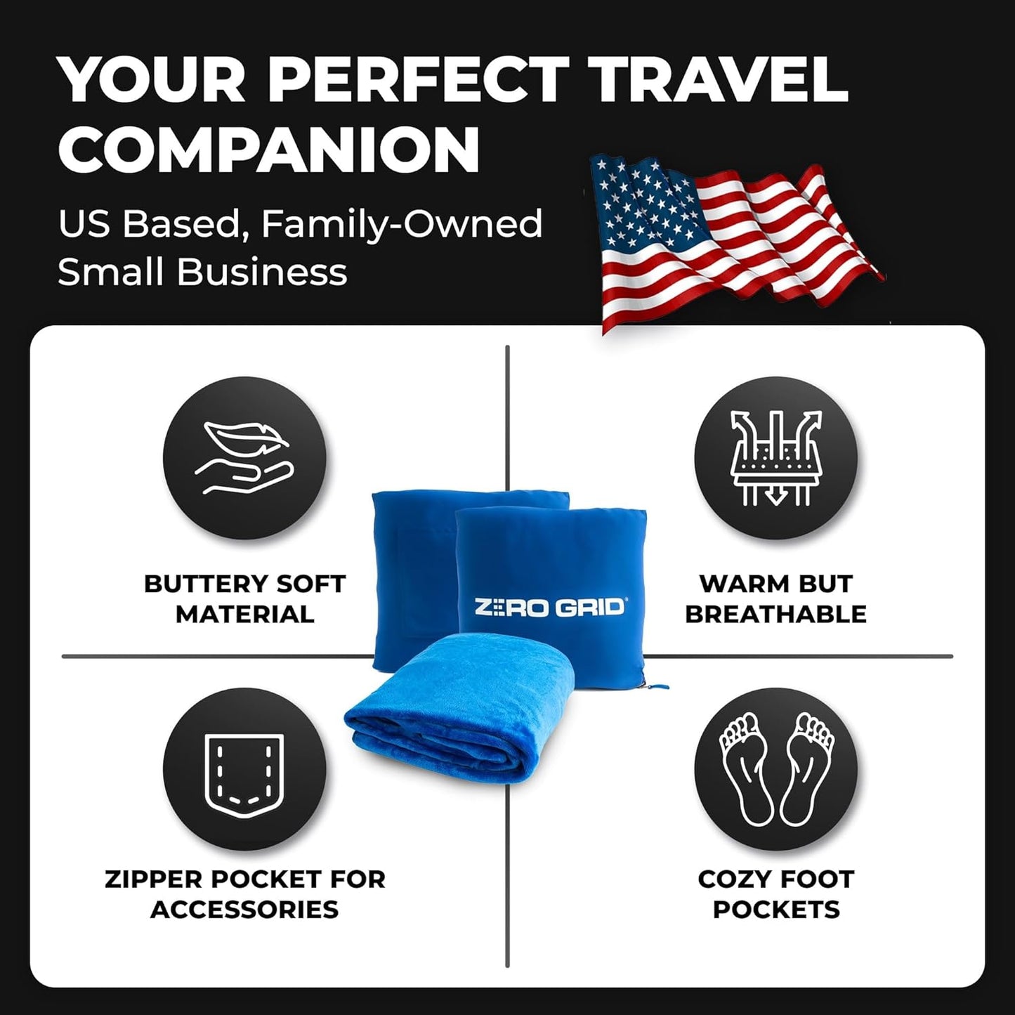 Lightweight Travel Blanket - Premium & Compact Airplane Wearable Blanket with Neck Snaps, Cozy Foot Pockets, Zipper Pouch - Converts into Soft Pillow - Designed for Ultimate Comfort - Royal Blue