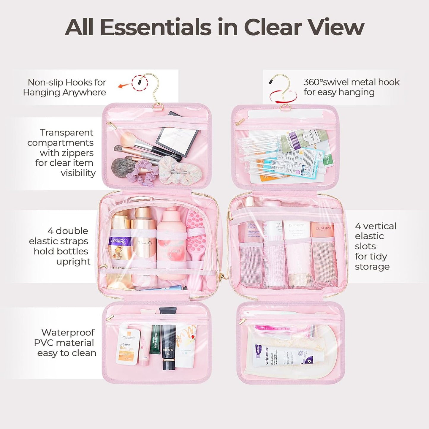 Hanging Travel Toiletry Bag for Women Detachable Toiletry Bag with 6 Compartments Large Makeup Bag Cosmetic Organizer for Bathroom Shower Business Trips Camping, Pink