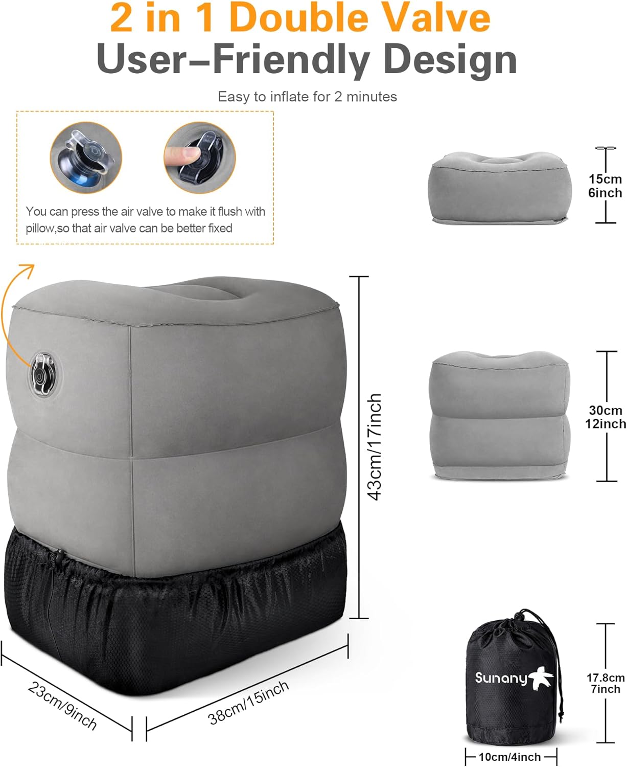 Sunany Inflatable Travel Foot Rest Pillow, Airplane Bed for Kids and Toddler, Adjustable Height Portable Elevating Leg, Trains, Cars, Home, Office (2 Pack)