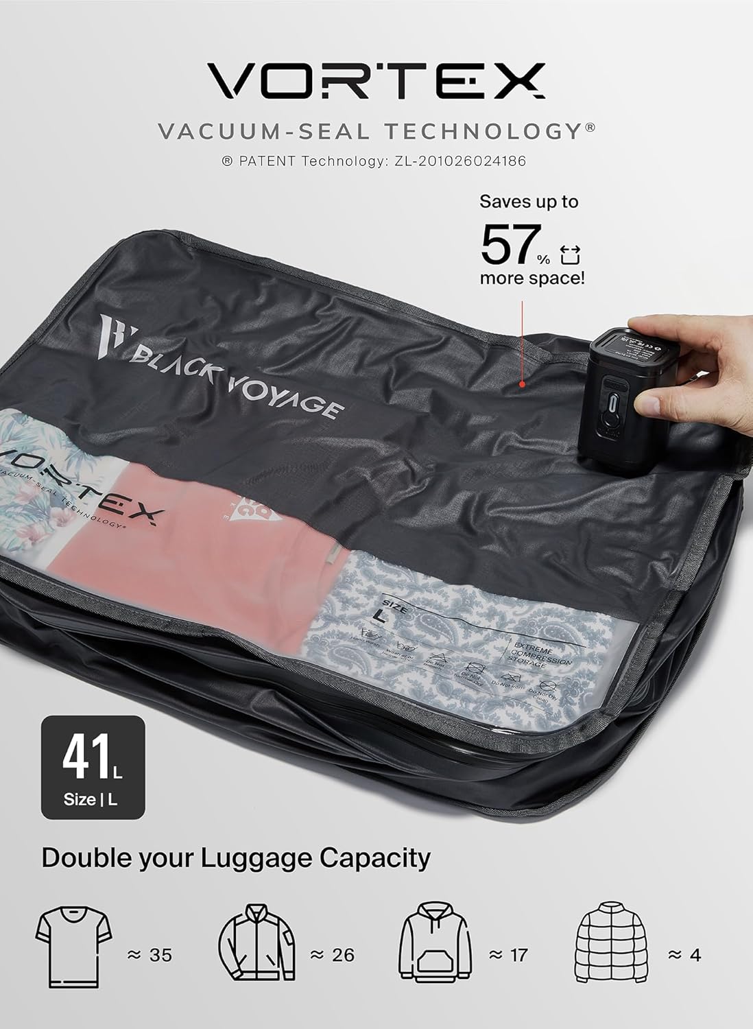 Black Voyage Reusable Vacuum Compression Travel Bag for Carry-On Suitcase and Backpack, Recycled IP67 Waterproof Space Saver Vacpack (2-Pack, 41L - No Pump)