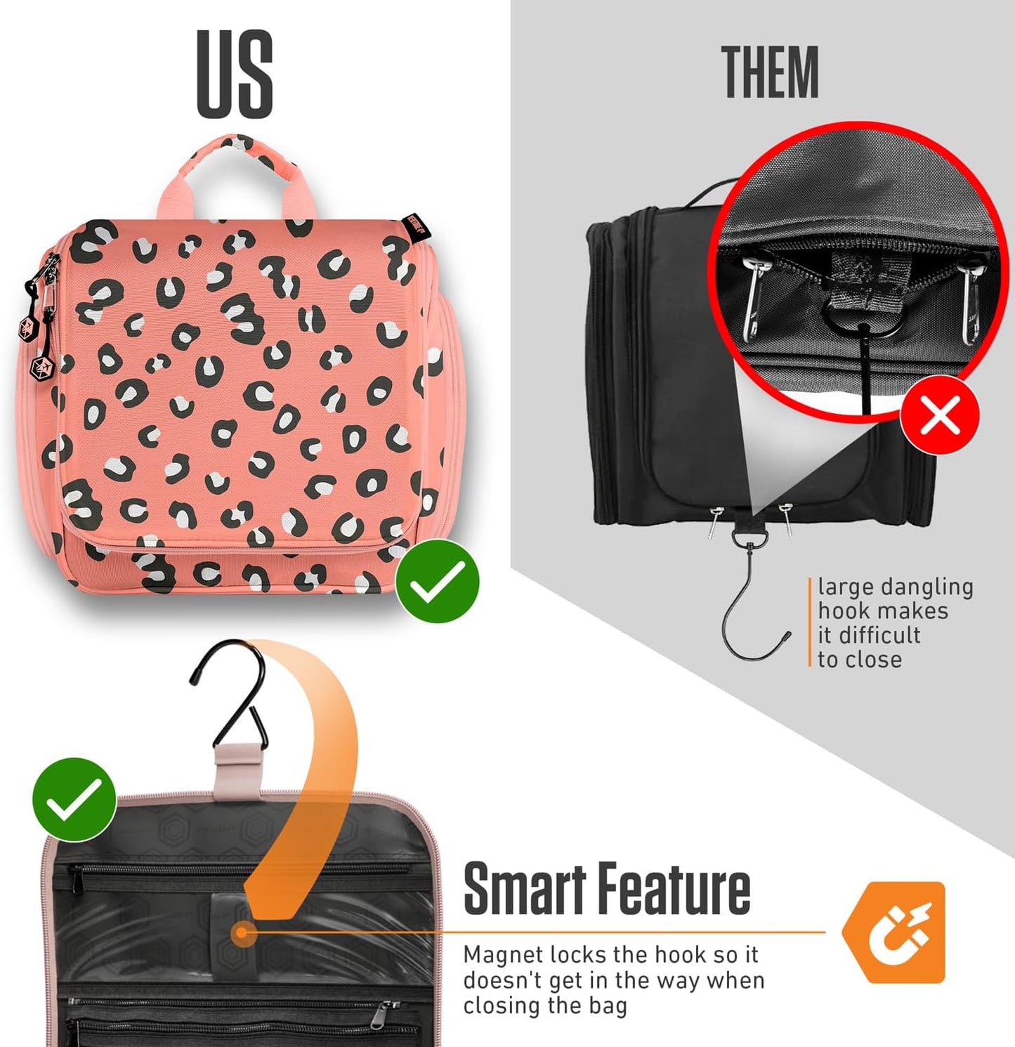 VENTURE 4TH Hanging Travel Toiletry Bag for Women & Men - Travel Organizer with Expandable Compartments & Removable Clear Pouch for Toiletries (Pink Cheetah)