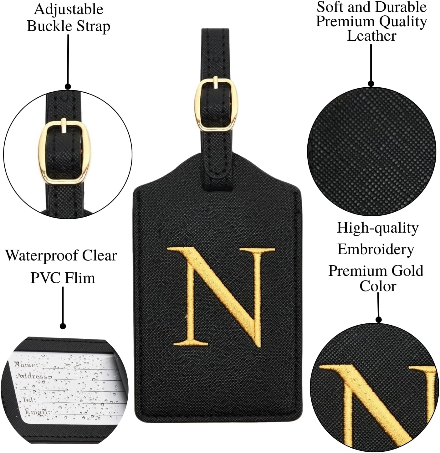 Luggage Tag PU Leather for Suitcase Baggage Handbag Travel Bag Label Suitcase Tag Label Tag w. Name Card & Privacy Cover (N)