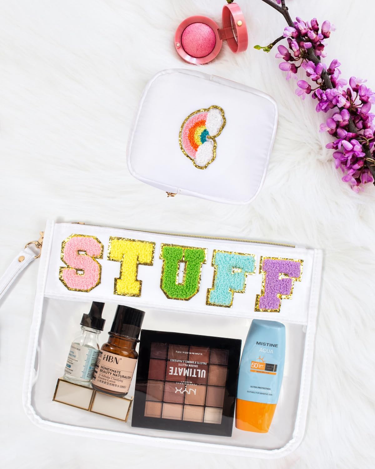 2 Pcs Snack Pouch Chenille Letter Clear Zipper Snack Bag, Nylon Snack Pouch for Travel Clear Makeup Bag Small Cosmetic Bag for Purse Snack Bags for School Waterproof Toiletry Bag