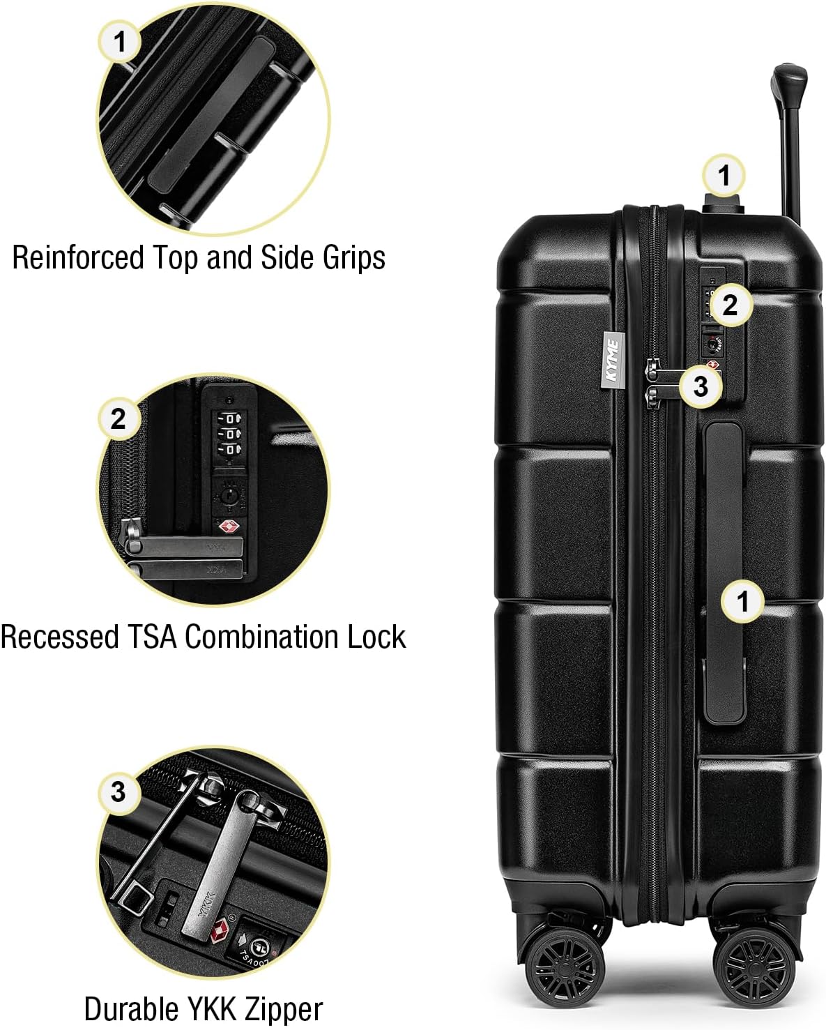 KYME 26 Inch Luggage TSA Approved Hardshell 26" Suitcases with Spinner Wheels Durable Medium Travel Checked Luggage with Cup Holder for Women Men Black