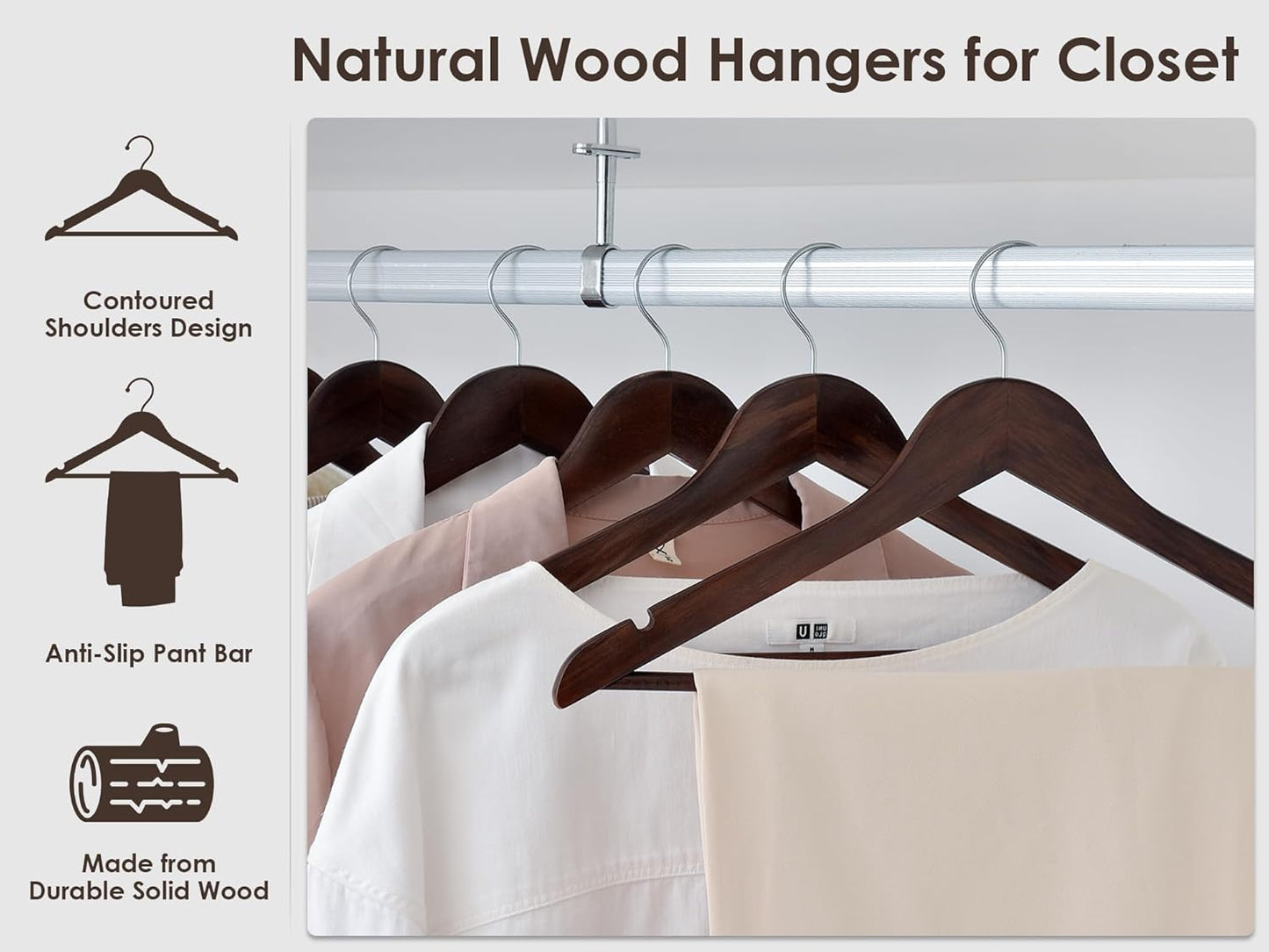 StorageWorks Wooden Hangers 20 Pack, Wood Coat Hanger for Coats, Shirts, Jackets, Pants, Suits, Walnut Color