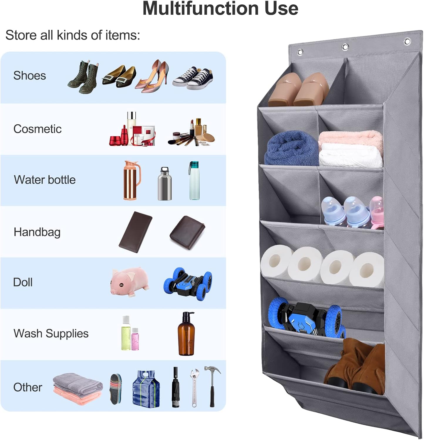 FENTEC 2 Pack Over the Door Shoe Organizer, Hanging Shoe Organizer, 6-Tier Large Deep Pockets Door Shoe Rack with 3 Hooks Shoe Organizer for Shoes, Sneakers, and Home Accessories, Grey