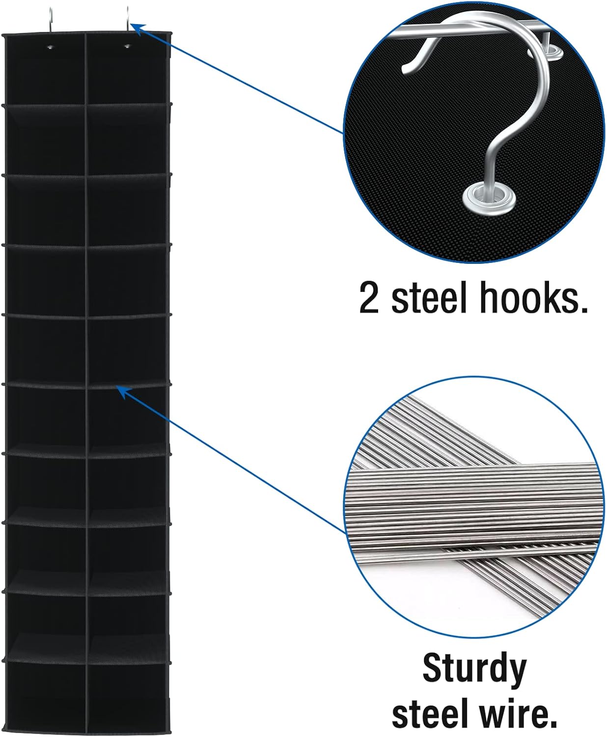 coastal rose Hanging Shoe Organizer for Closet, 20 Sections Hanging Closet Organizers and Storage Shelves, Space Saving Hanging Shoe Rack, Black, 12''W×12''Dx 50''H