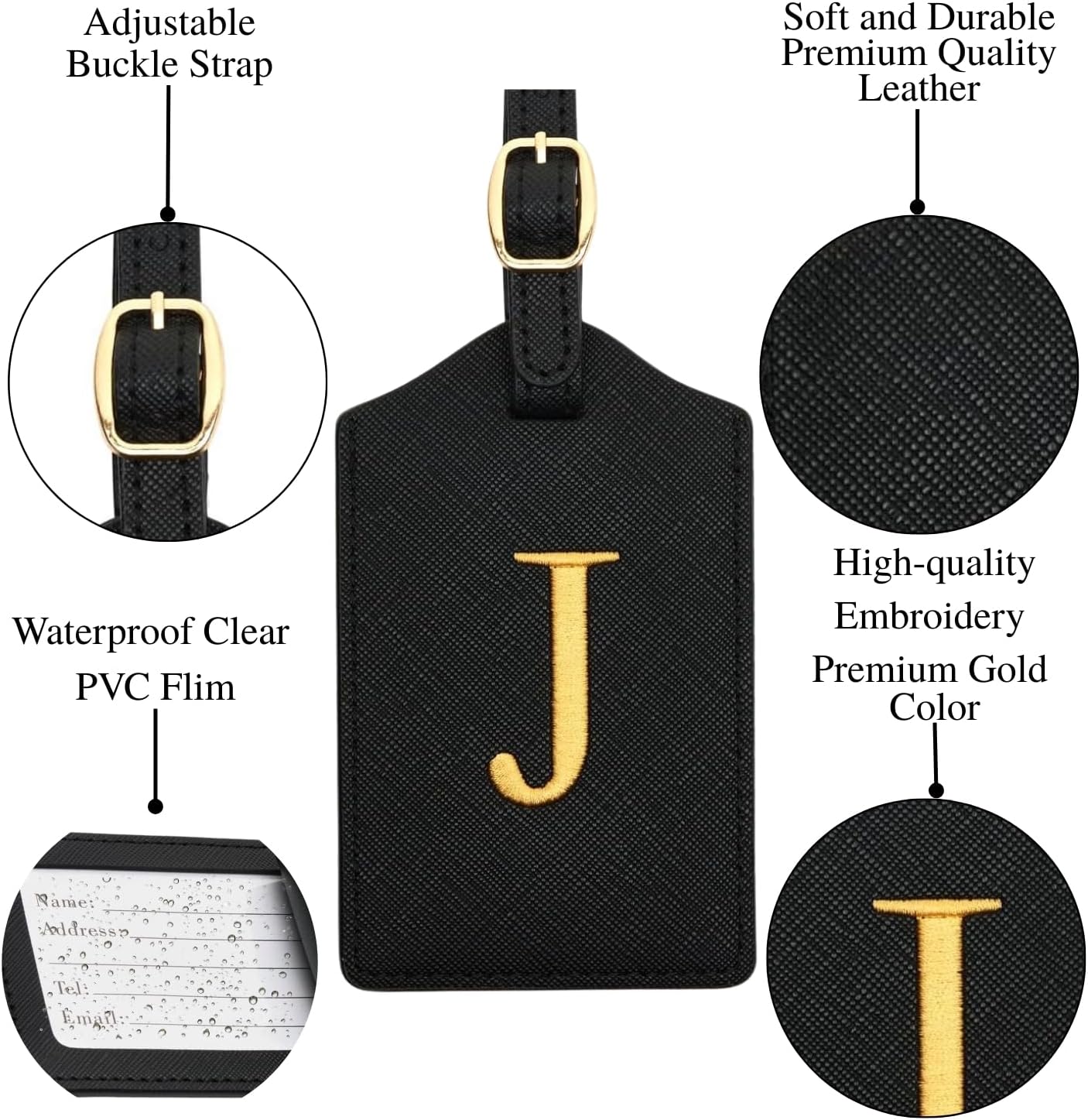 Luggage Tag PU Leather for Suitcase Baggage Handbag Travel Bag Label Suitcase Tag Label Tag w. Name Card & Privacy Cover (J)