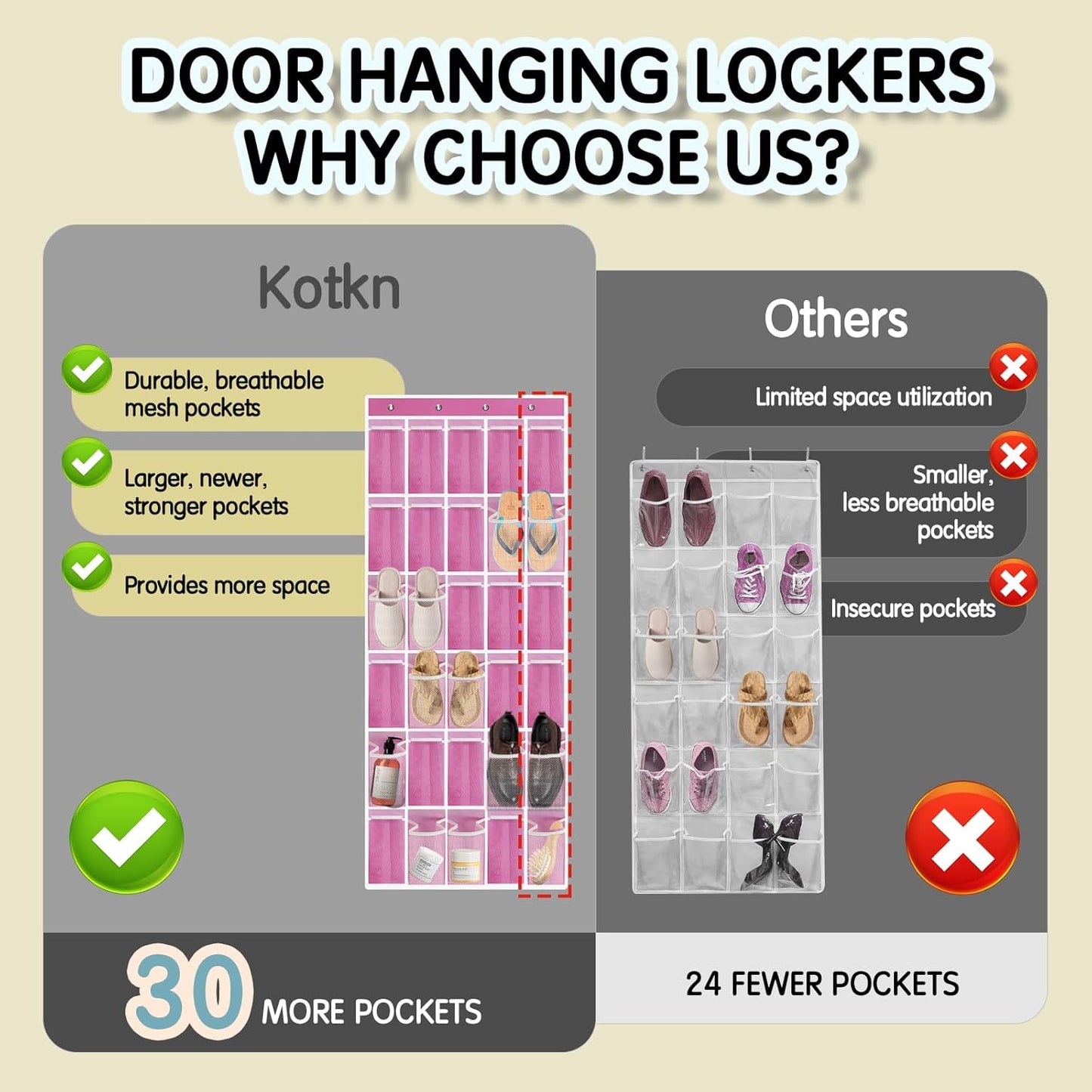 Over the Door Shoe Organizer with 30 Breathable Mesh Pockets - Large Capacity Closet Storage for Men & Women, Hanging Shoe Rack Organizer -Pink