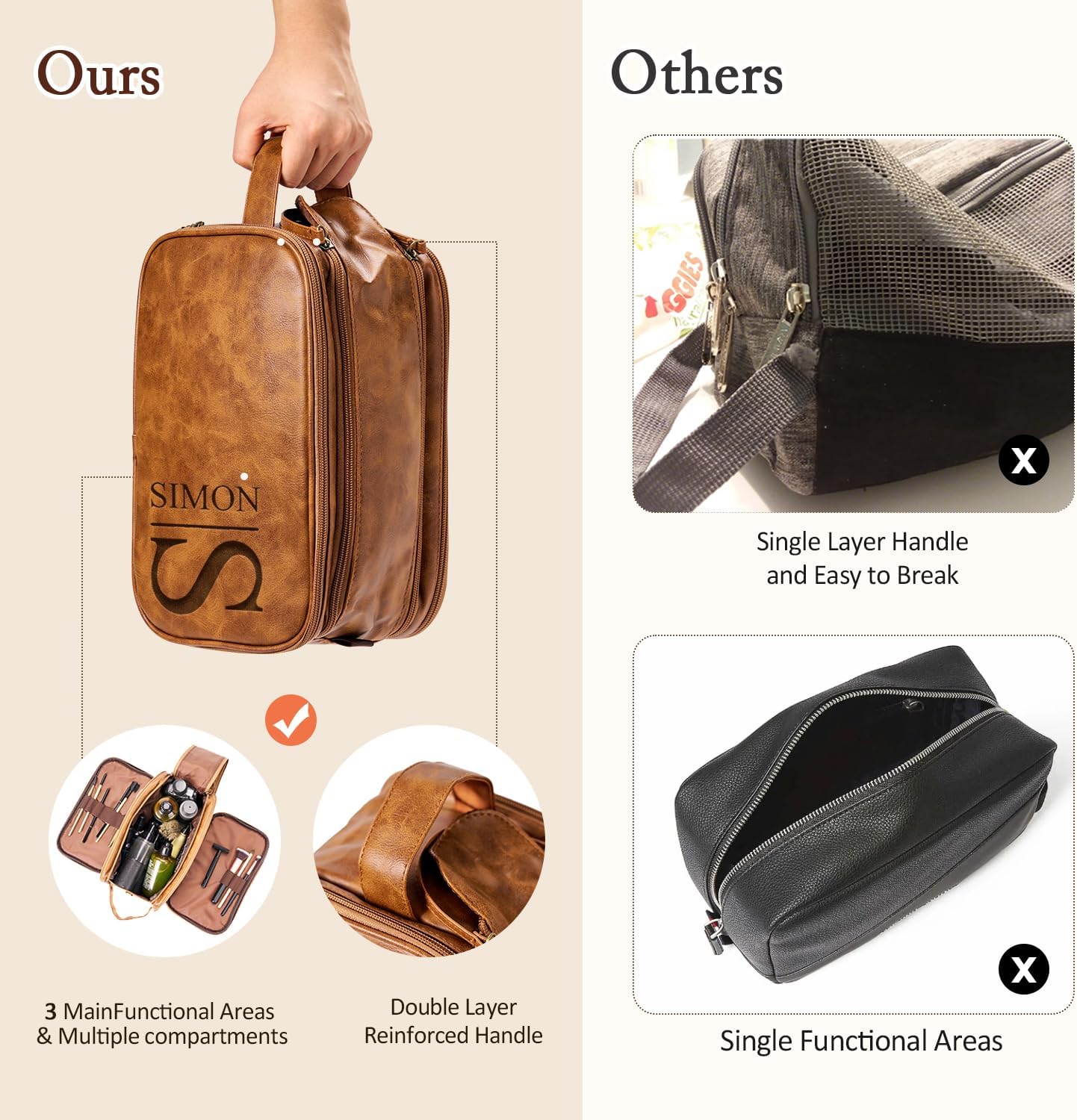 Personalized Leather Toiletry Bag for Men - Double Layer Reinforced Handle,Large Water Resistant Shaving Dopp Kit,Travel Essential,Wedding Groomsmen Gift